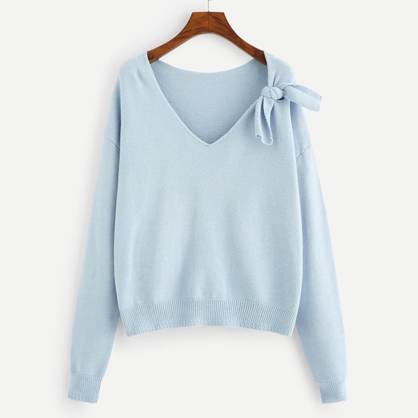 

Knot Front V-Neck Sweater, Blue