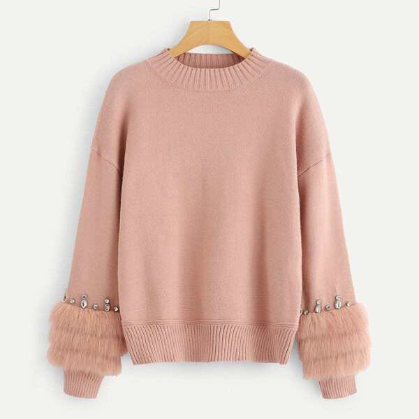 

Faux Fur Contrast Solid Sweater, Pink