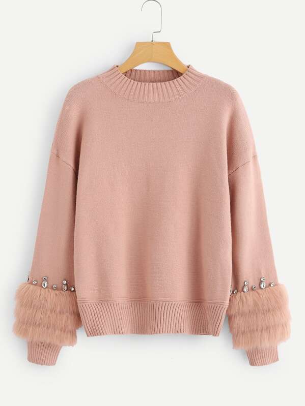 

Faux Fur Contrast Solid Jumper, Pink