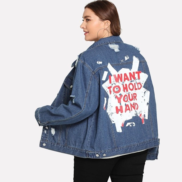 

Plus Ripped Letter Print Denim Jacket