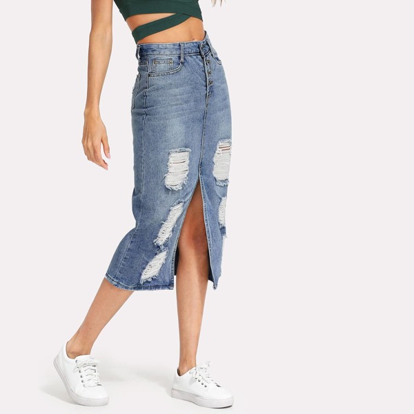 

Split Front Ripped Denim Skirt, Blue