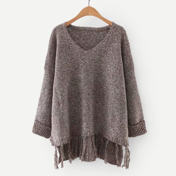 

High Low Fringe Hem Marled Knit Sweater