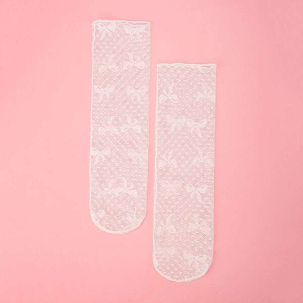 

Girls Bow Print Slouch Net Socks 1pair, White