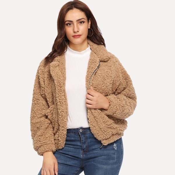 

Plus Pocket Decoration Collar Teddy Jacket