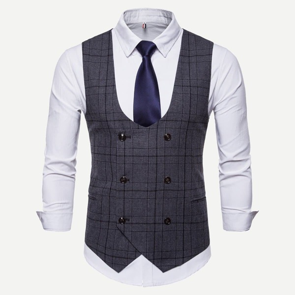 

Men Plaid Double Breasted Pointed Hem Vest