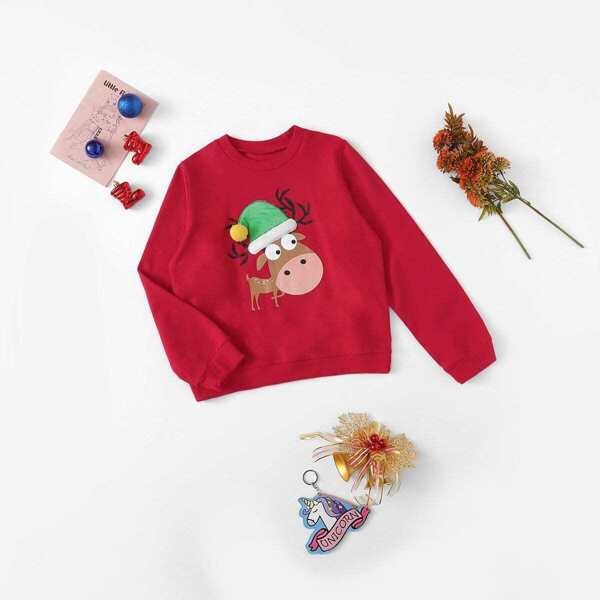 

Girls Christmas Print Pompom Sweatshirt, Red