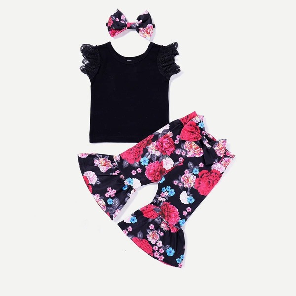 

Girls Lace Sleeve Top & Floral Print Pants & Headband, Multicolor