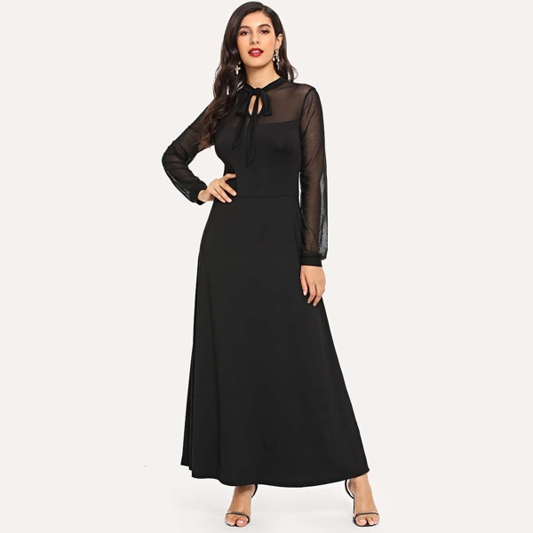 

Tie Keyhole Neck Mesh Yoke Dress, Black