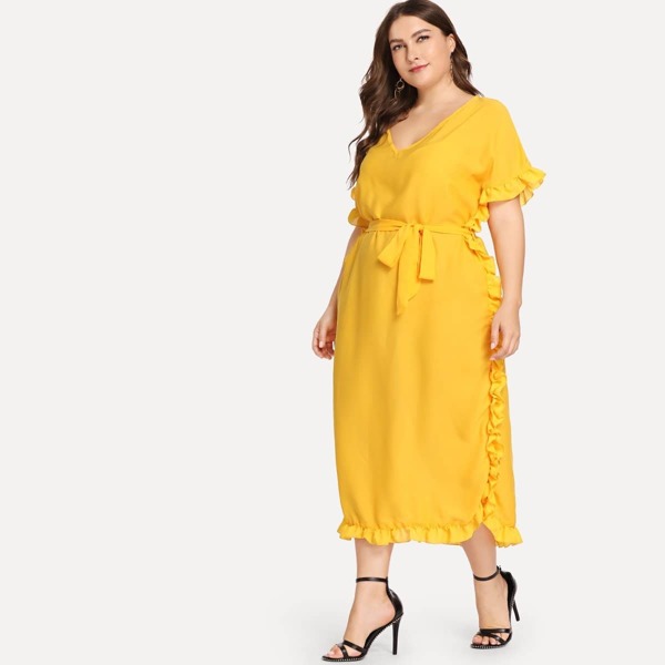 

Plus Ruffle Detail Belted Solid Dress, Yellow