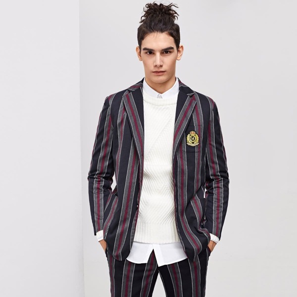 

Men single Breasted Patched Detail Striped Blazer, Multicolor