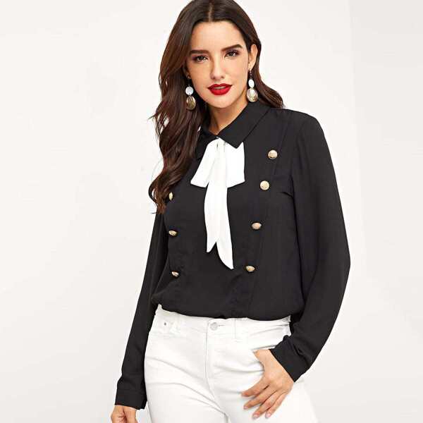 

Tie Neck Button Embellished Keyhole Back Top
