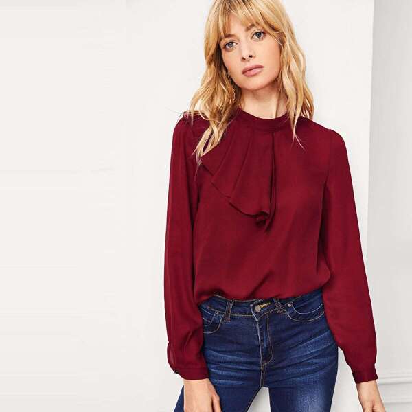 

Keyhole Back Ruffle Detail Mock Neck Top
