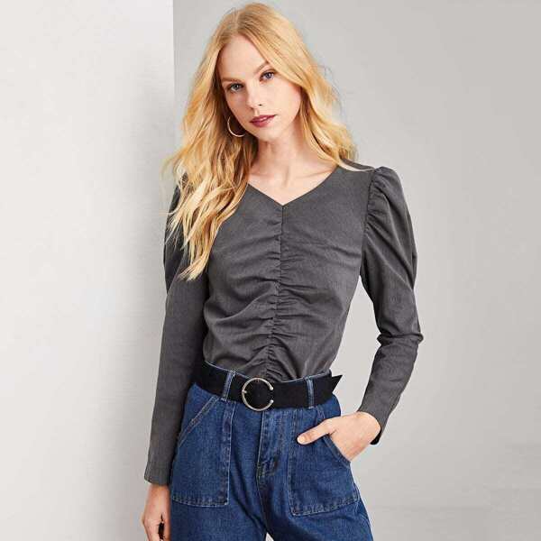 

Puff Sleeve Ruched Top, Grey