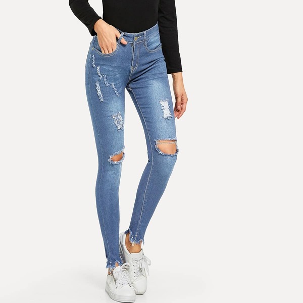 

Ripped Raw Hem Jeans, Blue