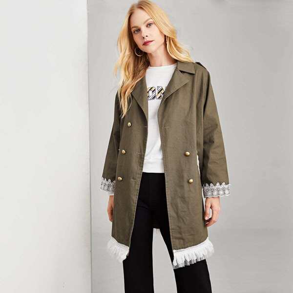 

Lace & Mesh Trim Pea Coat, Army green
