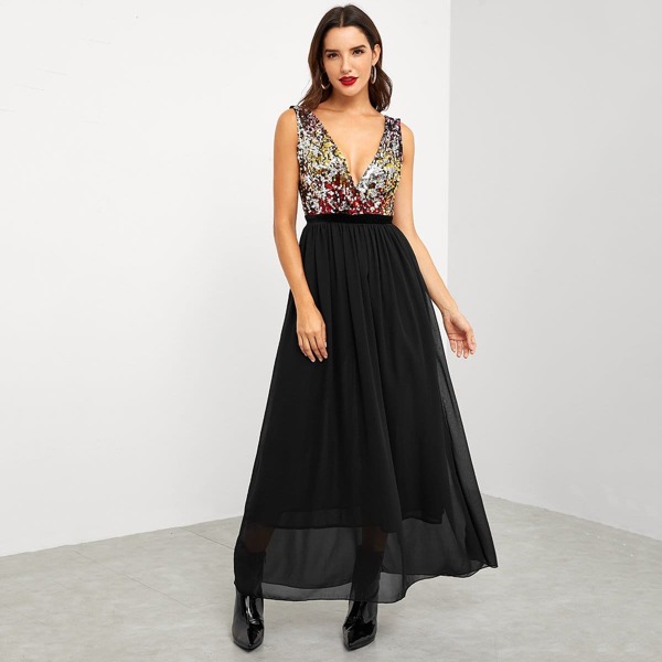 

Double Plunging Sequin Top Maxi Dress