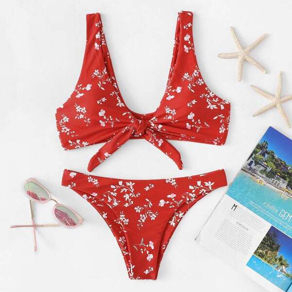 

Floral Knot Front Bikini Set