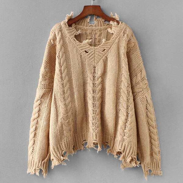 

Ripped Trim Cable Knit Sweater