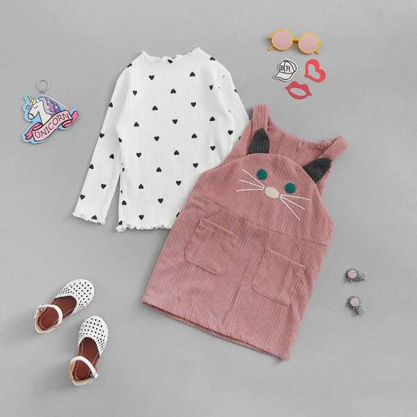 

Toddler Girls Rib Knit Trim Tee With Pinafore Dress, Multicolor