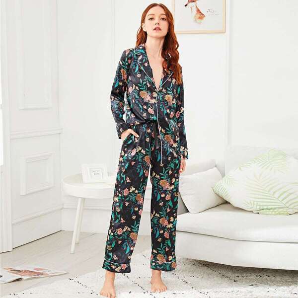 

Floral & Leaf Print Pajama Set, Multicolor