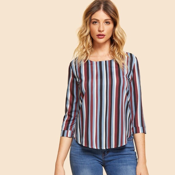

Block Striped Curved Hem Blouse