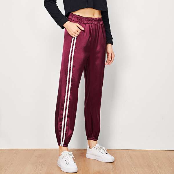 

Striped Seam Elastic Belt Pants, Burgundy
