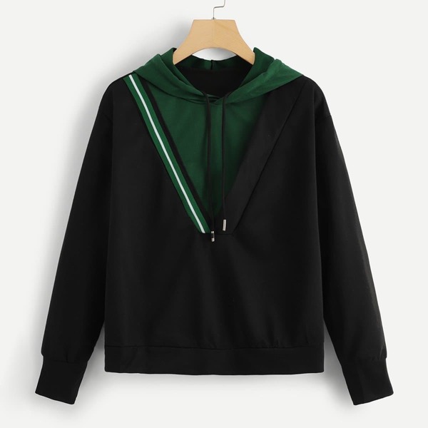 

Color Block Tape Detail Hooded Sweatshirt, Black