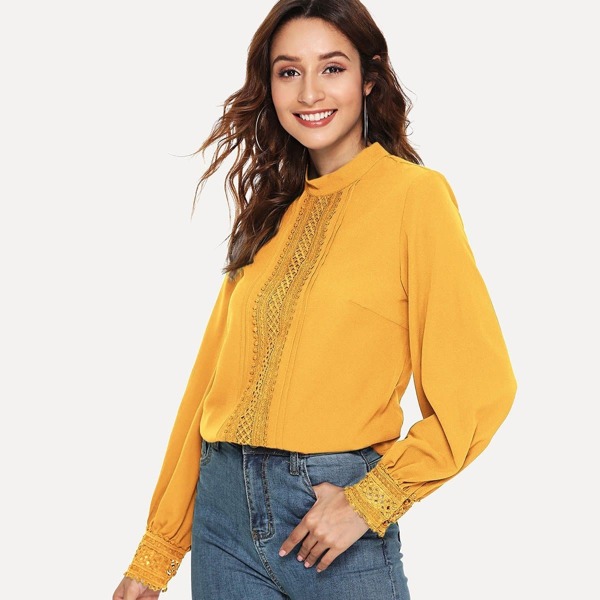 

Mock Neck Lace Trim Top
