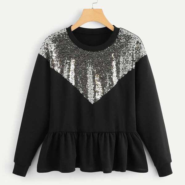 

Contrast Sequin Ruffle Hem Sweatshirt