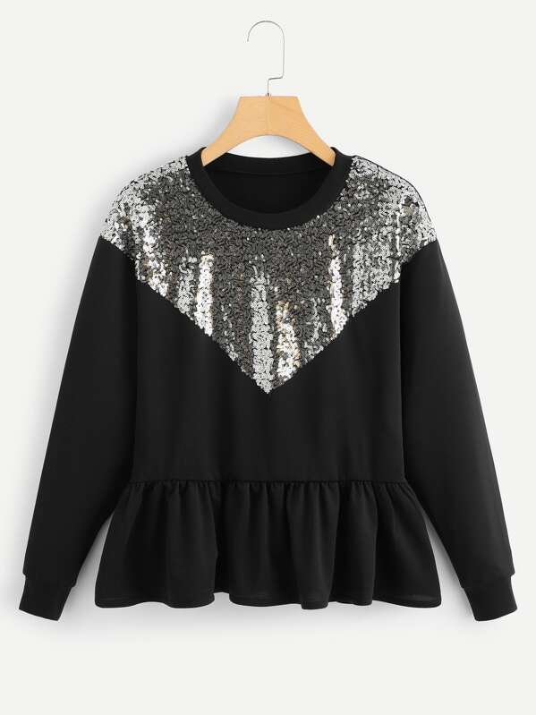 

Contrast Sequin Ruffle Hem Sweatshirt, Black