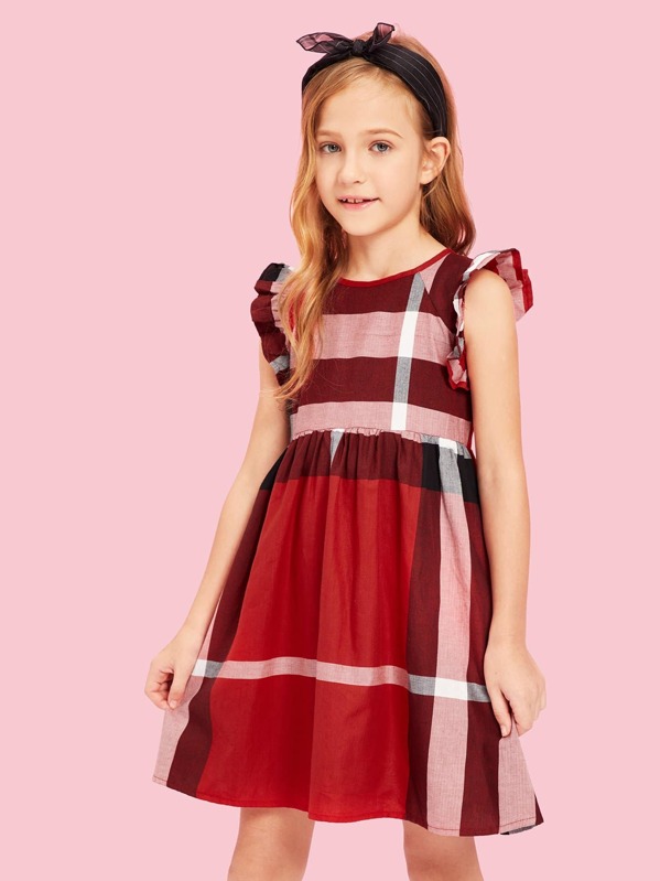 

Girls Striped & Plaid Ruffle Sleeve Babydoll Dress, Red