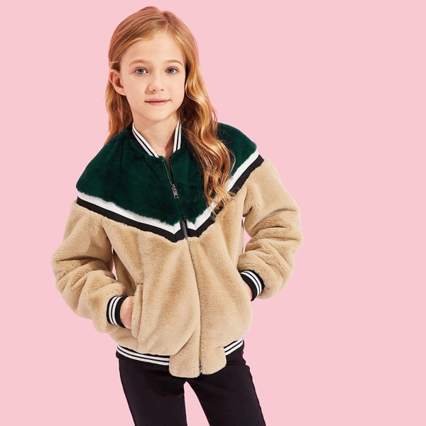 

Girls Striped Trim Zip Up Fleece Jacket, Multicolor