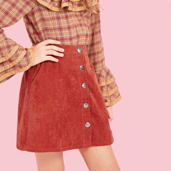 

Girls Waist Elastic Button Solid Skirt