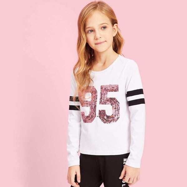 

Girls Sequin Number Striped Sleeve Tee, White