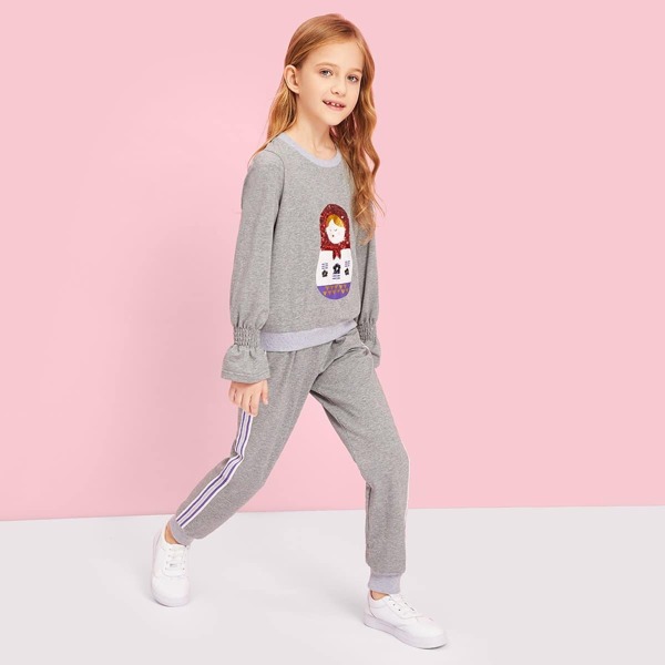 

Girls Cartoon With Sequin Detail Top & Pants Set, Grey