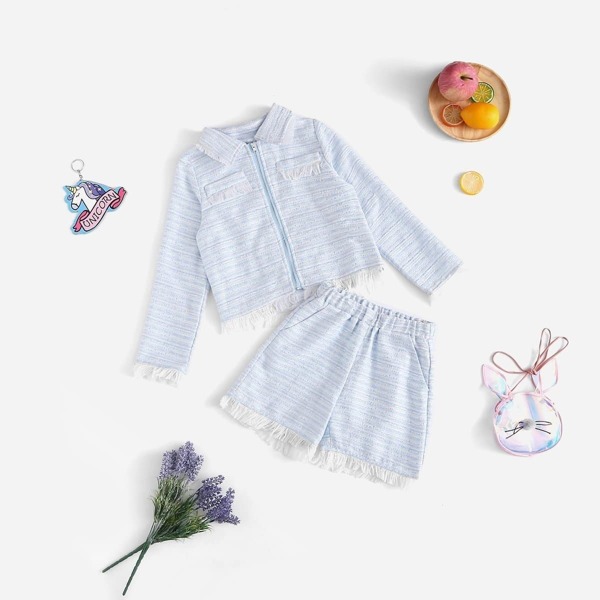 

Girls Zip Up Raw Hem Top & Shorts Set, Blue