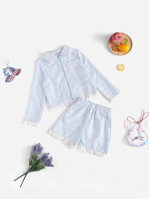 

Girls Zip Up Raw Hem Top & Shorts Set, Blue