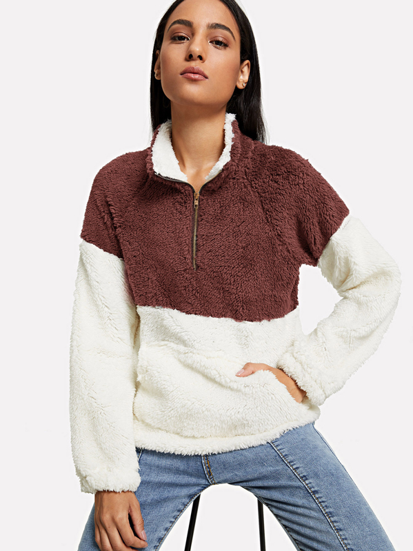 

Drop Shoulder Quarter Zip Teddy Sweatshirt, Multicolor, Kary