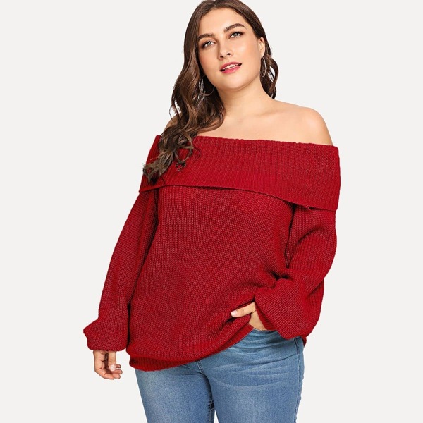 

Plus Off Shoulder Fold Over Slim Fitted Jumper