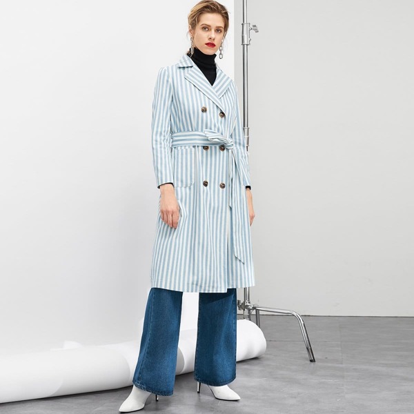 

Double Breasted Belted Striped Trench Coat