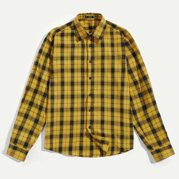 

Men Plaid Print Curved Hem Shirt