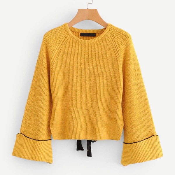 

Raglan Sleeve Lace Up Back Sweater, Yellow