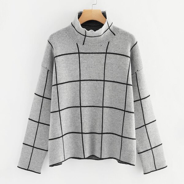 

Plus Mock Neck Grid Print Sweater, Grey
