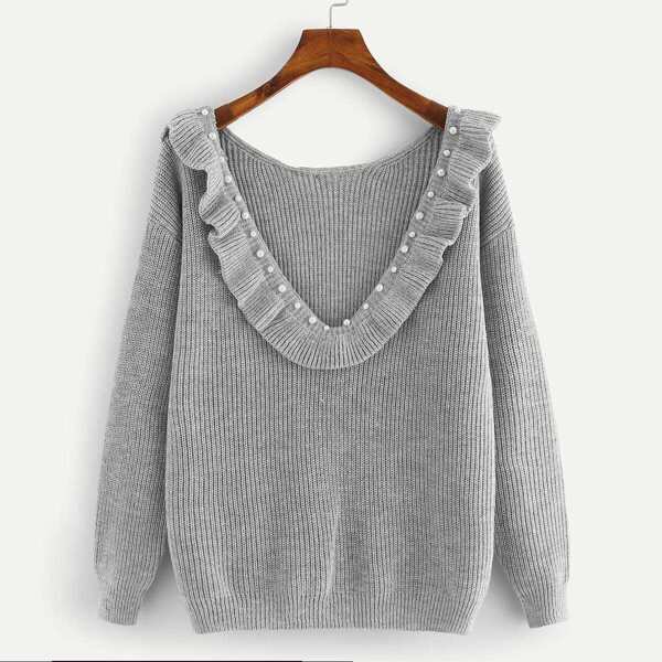 

Plus Pearl Beaded Ruffle Trim Sweater, Grey