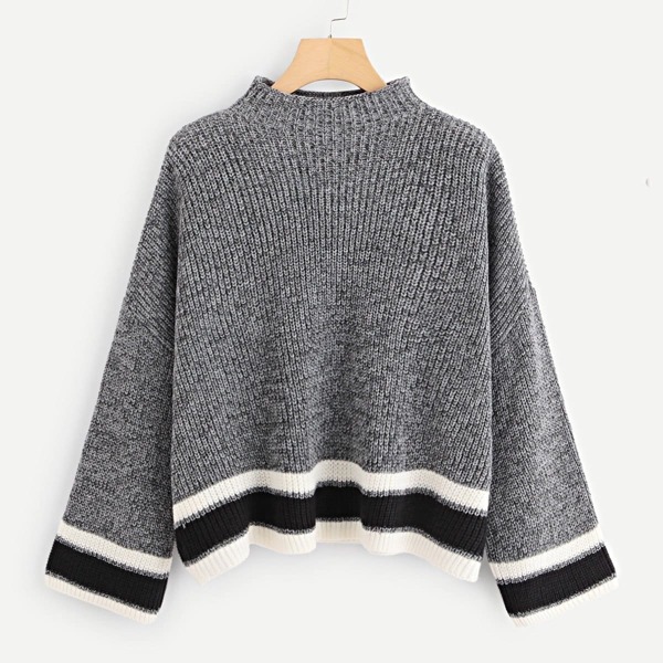 

Plus Mock Neck Striped Trim Sweater