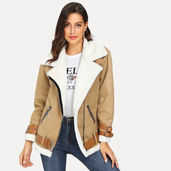 

Belted Cuff and Hem Faux Shearling Jacket