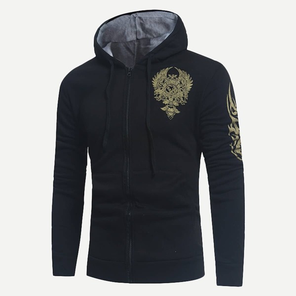 

Men Random Print Hooded Sweatshirt, Black