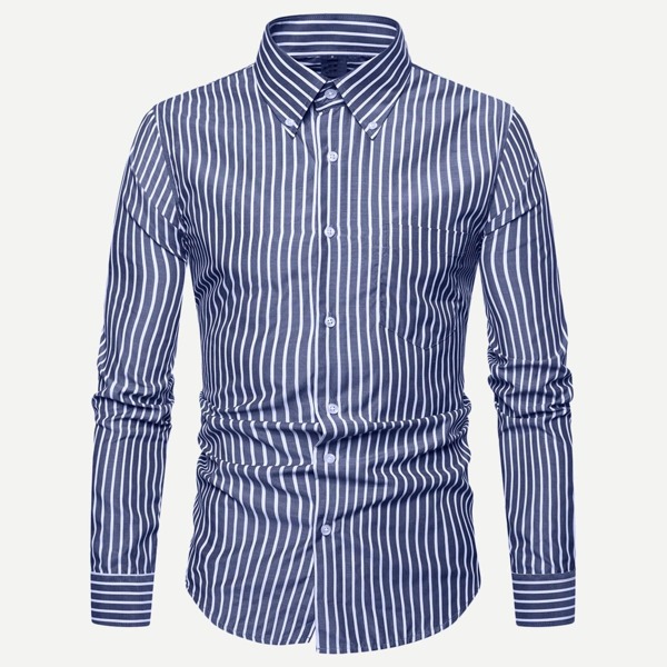 

Men Striped Curved Hem Shirt, Blue