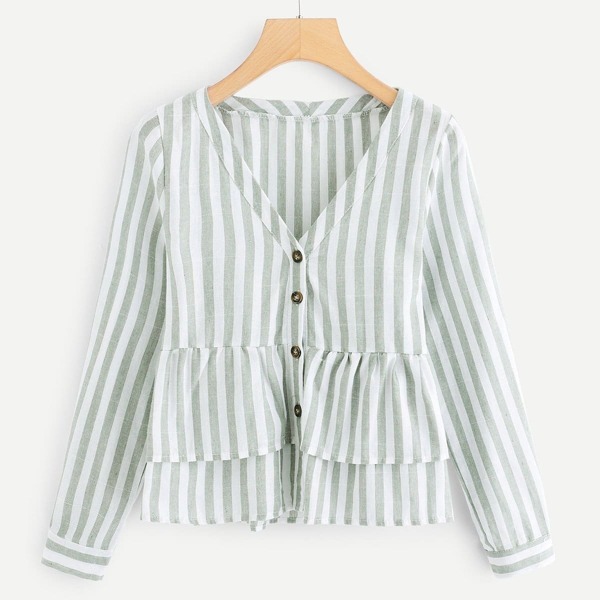 

Button Front Tiered Ruffle Striped Blouse