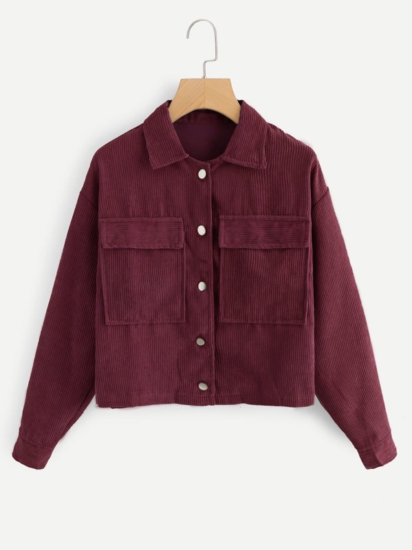 

Corduroy Pocket Decoration Solid Collar Jacket, Burgundy